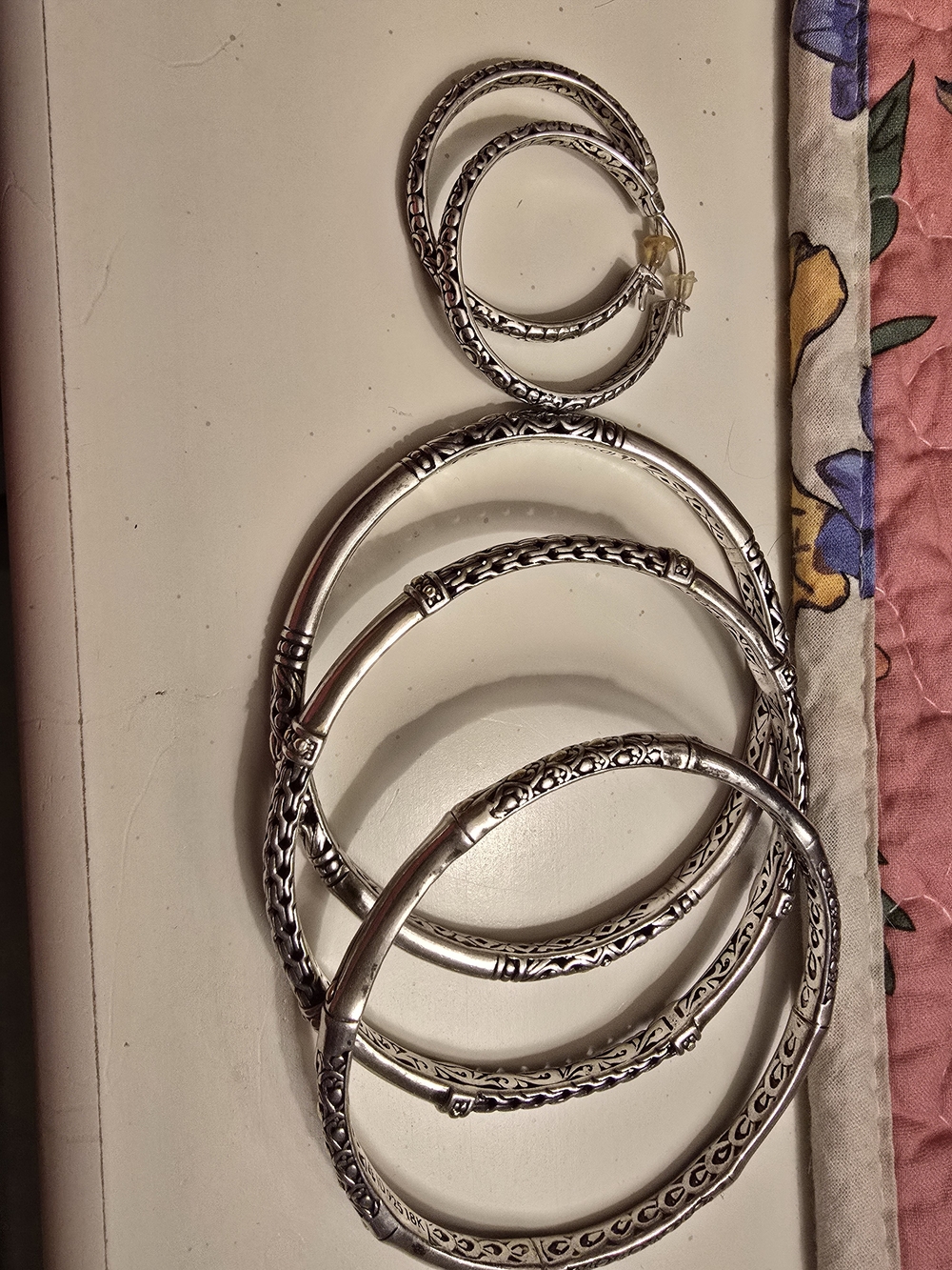 3Classic Filigree Sterling Silver Bangle Bracelet Set With Matching Hoop Earings